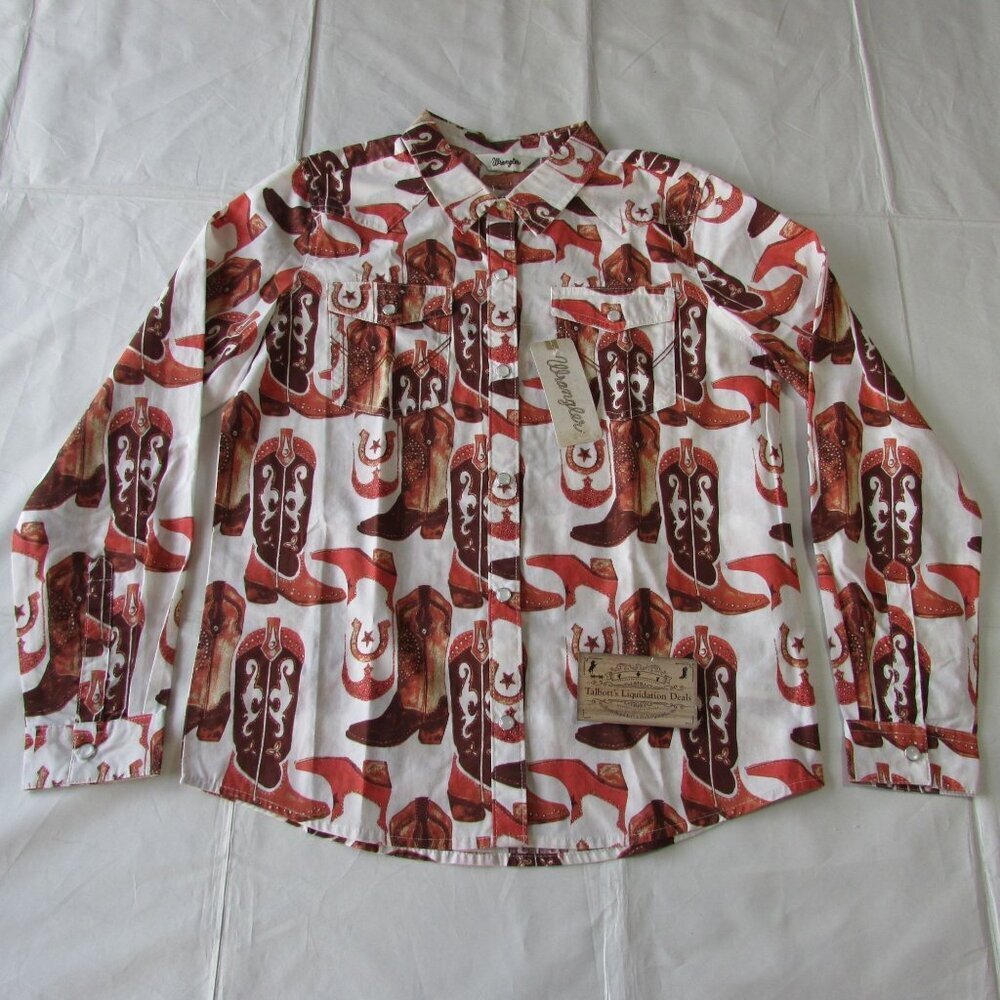 Wrangler Girl's Long Sleeve Boot Print Snap Western Shirt